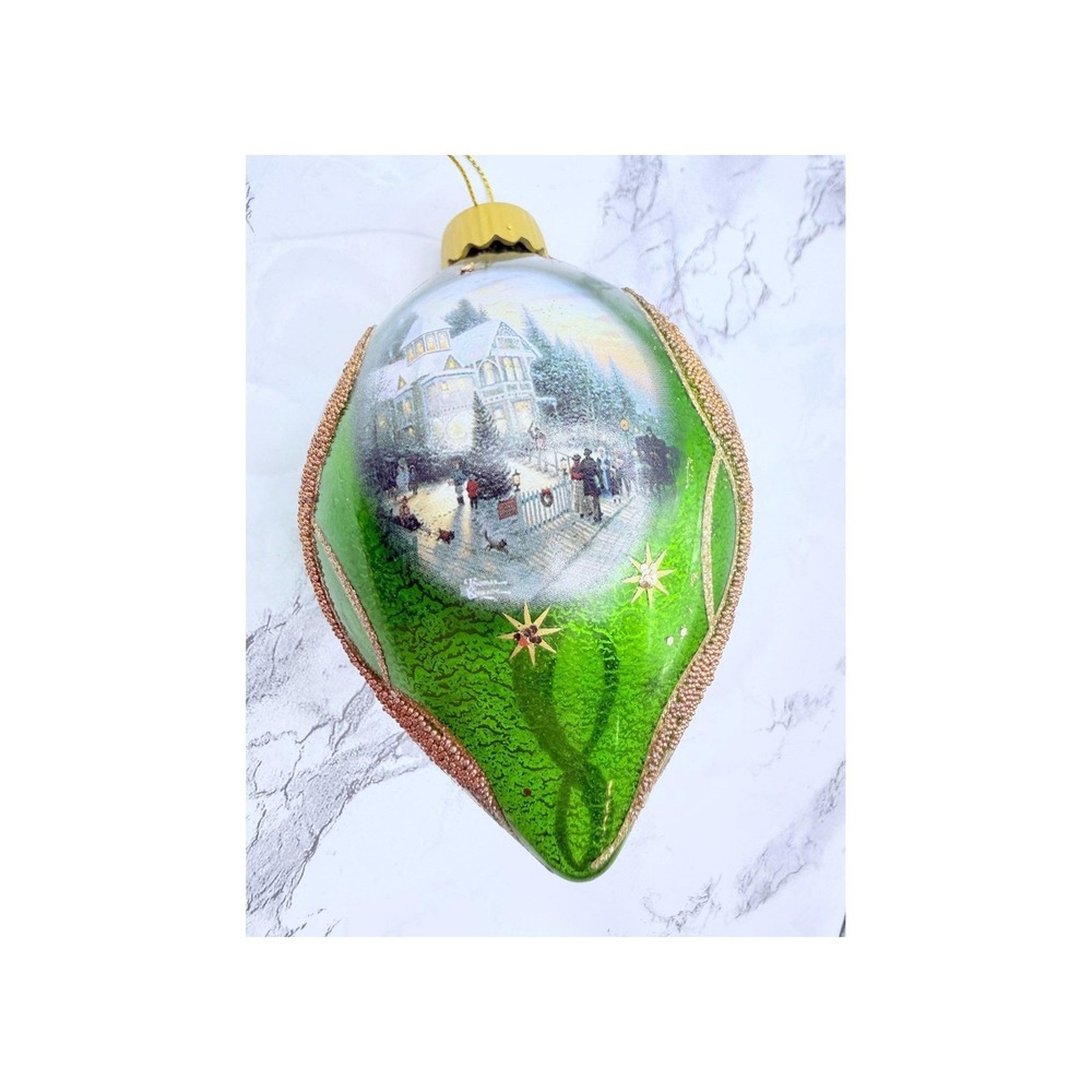 Thomas Kinkade Victorian Christmas I Green Glass Ornament Bradford Exchange 5"
